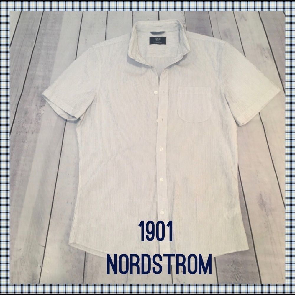 1901, Men’s Casual Short-sleeve Button Down in White & Blue Textured Stripes